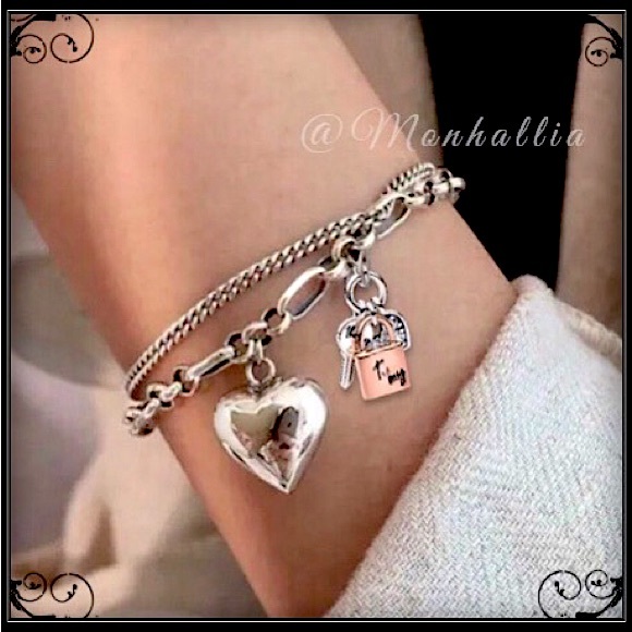None Jewelry - New 14k white gold keys to my heart double chain trinket heart charms bracelet